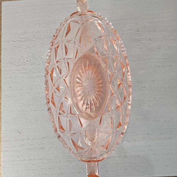 Oval Pink Depression Era Imperial Glass Dish With Handles - Picture 3 of 8